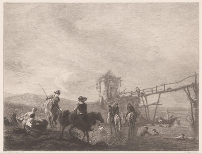 Descansando e nadando figuras em um banco Die pferdetränke (título no objeto) de Gustave Marie Greux