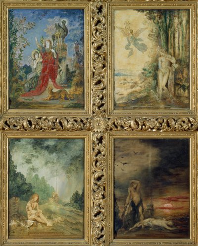 Humanidade: de TtoB, duas cenas representando A Idade da Prata representado por Orfeu; duas cenas representando A Idade do Ferro representado por Caim e Abel (mural) (detalhe de 83704) de Gustave Moreau