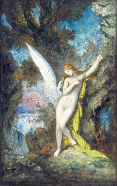 Leda e o Cisne par Moreau, Gustave (1826-1898), - Aquarela, Gouache sobre Papel, 34,2x22,2 - Coleção Particular de Gustave Moreau