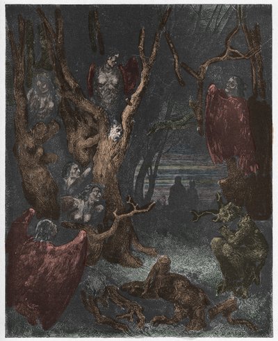 Inferno, Canto 13: As Harpias na floresta dos suicídios, ilustração da Divina Comédia de Dante Alighieri, 1885 (gravura digital colorida) de Gustave after Dore