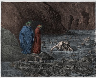 Inferno, Canto 32: Ugolino (Ugolin de Gherardesca) atormenta a cabeça do Arcebispo Ruggieri (Ruggeri Ubaldini), ilustração da Divina Comédia de Dante Alighieri, 1885 (colorida digitalmente e de Gustave after Dore