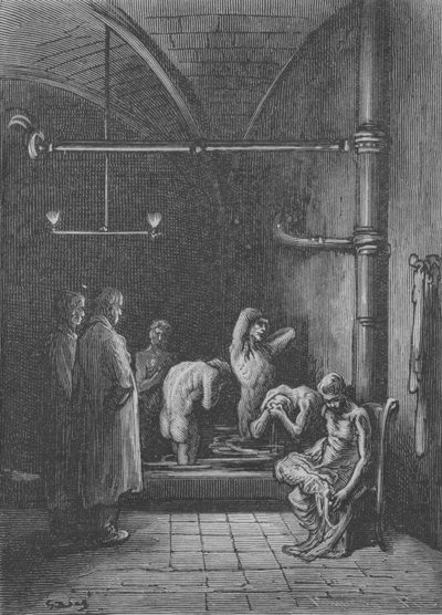 O banheiro em um refúgio de Gustave after Dore