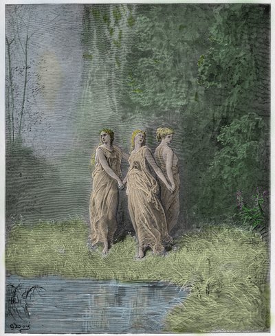 Purgatorio, Canto 29: Caridade, Esperança e Fé, ilustração da Divina Comédia de Dante Alighieri, 1885 (gravura digital colorida) de Gustave after Dore
