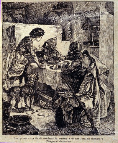 Sua primeira preocupação foi levá-los para a cozinha e alimentá-los... Ilustração da nova “”Colomba”” escrita por Prosper Merimee. Gravura de Gustavino (Gustavo Rosso) (1881-1950), cerca de 1915 de Gustavo Gustavino Rosso