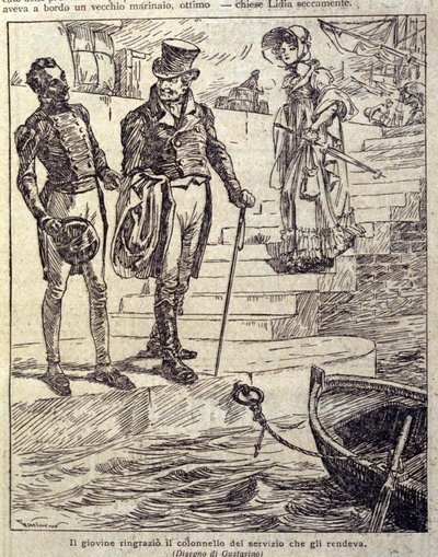 o jovem agradeceu ao coronel pelo seu serviço. Ilustração da nova "Colomba" escrita por Prosper Merimee. Gravura de Gustavino (Gustavo Rosso) (1881-1950), cerca de 1915 de Gustavo Gustavino Rosso