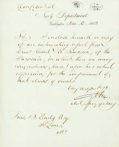Carta assinada por G.V. Fox, Departamento da Marinha, Washington, para o Jas. B. Eads [James B. Eads], St. Louis, Mo., 2 de Novembro de 1863 de Gustavus Vasa Fox