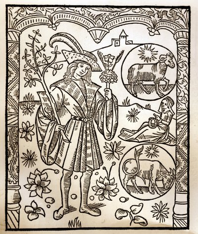 Calendário dos Pastores - Os Trabalhos dos Meses - Abril - Corte de madeira do livro de 1496 impresso por Guy Marchant (Guido Mercator) em Troyes - Gravura em madeira em "Le grand Calendrier et compost des shepherds" - de Guy Marchant