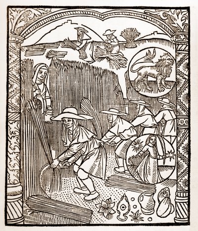 Calendário dos Pastores - Os Trabalhos dos Meses - Agosto - Corte de madeira do livro de 1496 impresso por Guy Marchant (Guido Mercator) em Troyes - Gravura em madeira em "Le grand Calendrier et compost des shepherds" - de Guy Marchant