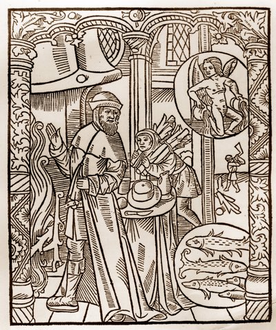 Calendário dos Pastores - Os Trabalhos dos Meses - Fevereiro - Corte de madeira do livro de 1496 impresso por Guy Marchant (Guido Mercator) em Troyes - Gravura em madeira em "Le grand Calendrier et compost des shepherds" - de Guy Marchant
