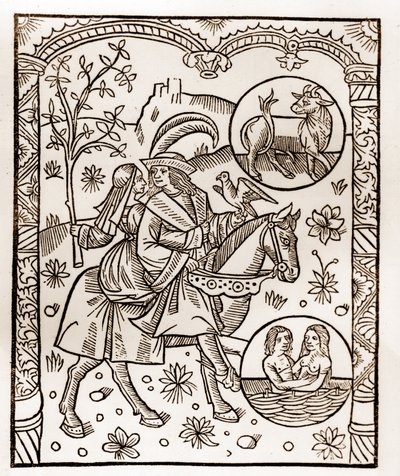 Calendário dos Pastores - Os Trabalhos dos Meses - Maio - Corte de madeira do livro de 1496 impresso por Guy Marchant (Guido Mercator) em Troyes - Gravura em madeira em "Le grand Calendrier et compost des shepherds" - de Guy Marchant