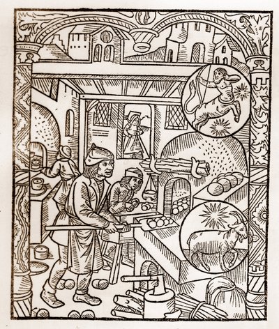 Calendário dos Pastores - Os Trabalhos dos Meses - Novembro - Corte de madeira do livro de 1496 impresso por Guy Marchant (Guido Mercator) em Troyes - Gravura em madeira em "Le grand Calendrier et compost des shepherds" - Forno de pão - de Guy Marchant
