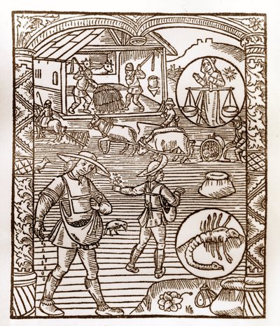 Calendário dos Pastores - Os Trabalhos dos Meses - Setembro - Lenha do livro de 1496 impresso por Guy Marchant (Guido Mercator) em Troyes - Au premier plan, des peassans sement a la volee - Lenha em "Le grand Calendrier et compost des shepherds" - de Guy Marchant