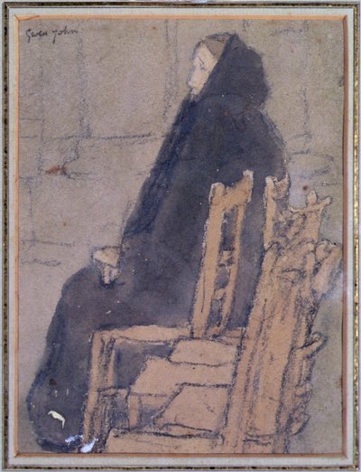 Velha em um xale preto (aquarela, bodycolour e giz de cera preto sobre papel bege) de Gwen John