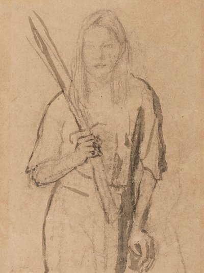Garota de pé com poste de madeira na mão (lápis & lavagem em papel) de Gwen John