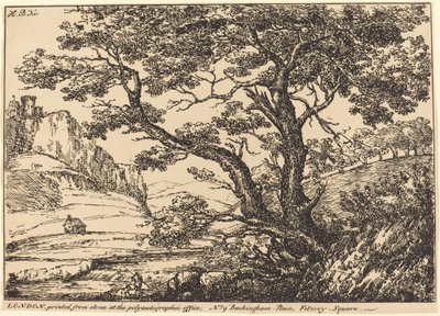 Paisagem com grande árvore, castelo à esquerda de H.B. Ker