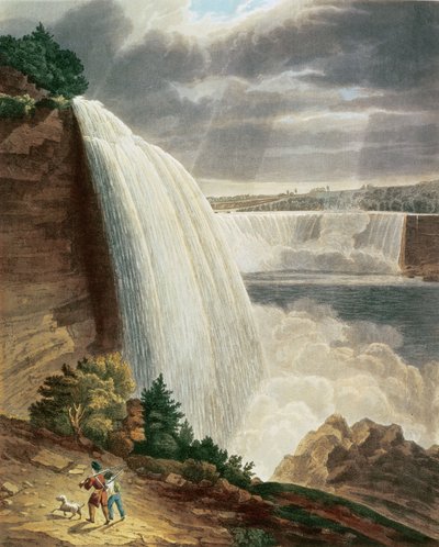 Cataratas do Niágara, parte da queda americana do pé do caso da escada, gravada por J. Hill, pub. por HLMegarcy (gravura a cores) de H.J. Bennett