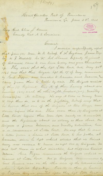 Carta de H. T. Reid, quartel-general, Posto de Providência, Louisiana, ao Brigadeiro-General Elias S. Dennis, 22 de Junho de 1863 de H.T. Reid