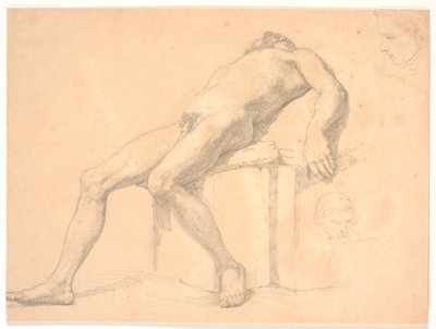 Estudo de modelo masculino, nu, reclinado. º. duas cabeças de retrato, uma possivelmente Constantin Hansen de H.W. Bissen