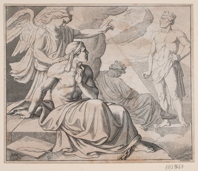 Folha alegórica. Um anjo põe a mão no ombro de um homem e aponta para uma estátua de H. C. Henneberg