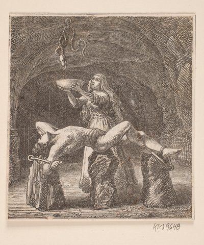 Sigyn segura a tigela entre a serpente e Loki de H. C. Henneberg
