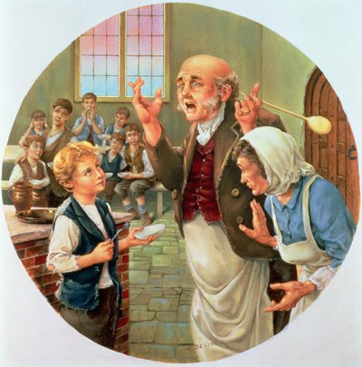 Oliver Twist pedindo mais, do mundo de Charles Dickens, mais tarde feito como uma placa de Spode de H. Devine