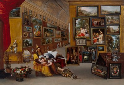 O interior de uma galeria de quadros com imagens alegóricas de H. II & Brueghel Jan I (1568 1625) Francken