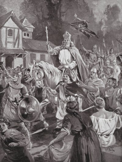 Carlos Magno de regresso a Bruxelas, a sua sede de família (litografia) de H. M. (after) Burton