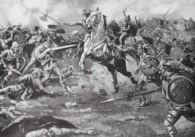 Os francos ajudam a derrotar os hunos (litografia) de H. M. (after) Burton