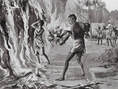 Aldeões que se queimam para evitar os Pindharis de H. M. (after) Burton
