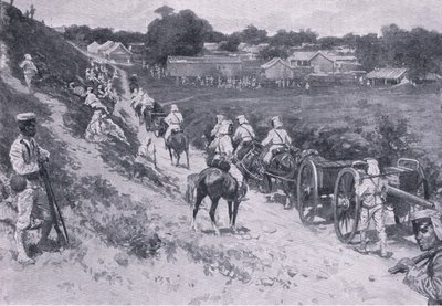 A expedição do Almirante Seymour: Tropas japonesas em marcha (litho) de H. M. Koekkoch