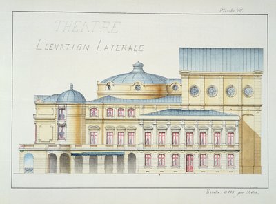 Elevação lateral de um teatro, placa VII de um fólio de desenhos, c.1870 de H. Monnot
