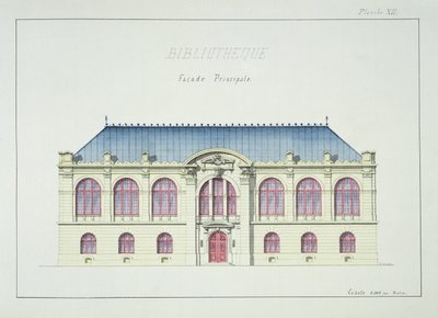 Fachada principal de uma biblioteca, placa XII de um fólio de desenhos, c.1870 de H. Monnot