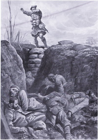 O soldado Brown (Gordon Highlander) bombardeia o inimigo numa trincheira alemã a partir do topo de uma barricada. (litho) de H. Ripperger