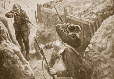 O soldado J. Hutchinson atirando em duas sentinelas alemãs ao liderar um ataque a uma vala alemã de H. Ripperger