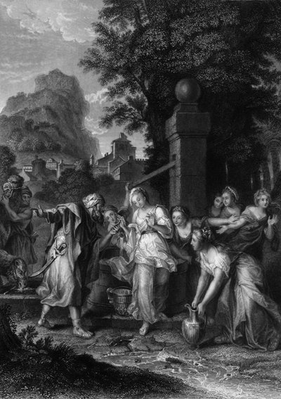 A reunião de Eliezer e Rebecca no poço, século XIX. de H. Robinson