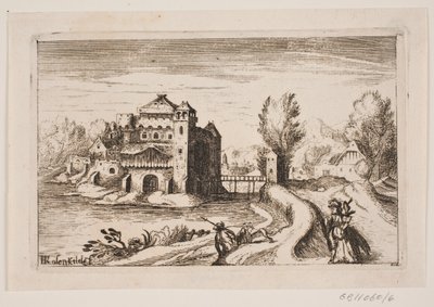 Paisagem do rio com castelo em uma margem de H. Rosenkilde