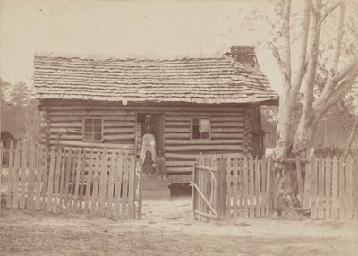 Impressão de albumina de uma mulher e duas crianças em frente a uma casa de toras na Geórgia, década de 1880. de H. S. Clark