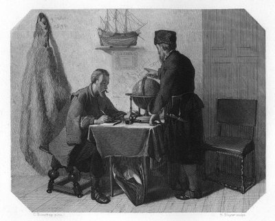 Willem Barents e Jacob van Heemskerk traçando sua rota, 1596 c1870 de H. Sluyter