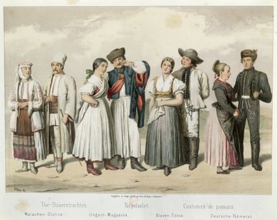 Trajes de camponeses de (da esquerda para a direita) a Romênia, Hungria, Eslováquia e Alemanha, de &39;Esboços da vida do povo húngaro&39; por Gabriel de Pronay, 1855 de H. Veber