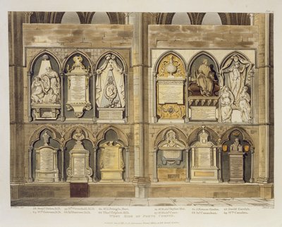 Lado Oeste do Canto dos Poetas, placa 24 da Abadia de Westminster, gravada por J. Bluck (fl.1791-1831) pub. por Rudolph Ackermann (1764-1834) 1811 (aquatinta) de H. Villiers
