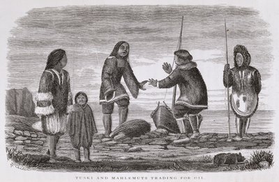 Tuski e Mahlemuts Trading for Oil, de &39;Alaska e seus recursos&39;, por William H. Dall, gravado por John Andrew, pub. 1870 de H. W., Elliot