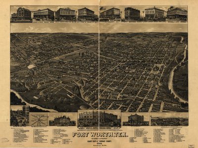 Mapa de perspectiva não desenhado em escala. Vista aérea. LC Panoramic maps (2ª ed.), 910 Disponível também no site da Library of Congress como imagem raster. Inclui ilustração, índice de pontos de interesse e mapa das instalações ferroviárias de Fort Wort de H. Wellge