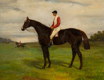 Zealot um cavalo de corrida baio com jóquei, c.1871-1933 (óleo sobre tela) de H. Whittaker Reville