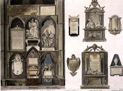 Lado oeste do canto dos poetas, prato 25 da Abadia de Westminster, gravado por J. Bluck (fl.1791-1831) pub. por Rudolph Ackermann (1764-1834) 1811 (aquatinta) de H. after Villiers