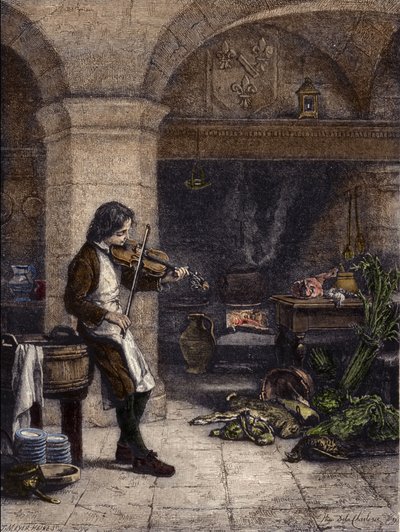 Jean Baptiste Lully (Giovanni Battista Lulli) (1632-1687), compositor francês, depois "galopin" ou marmiton por Mademoiselle de Montpensier. Gravura de T. Meyer-Heine (Meyer Heine) a partir de um desenho de Hippolyte de La Charlerie (1827-1867). de H. de la (after) Charlerie