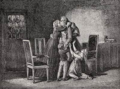 O último adeus da família real, de 20 de janeiro de 1793, gravado por Carbonneau, de "Histoire de la Revolution Française", de Louis Blanc (1811-82) de H. de la Charlerie