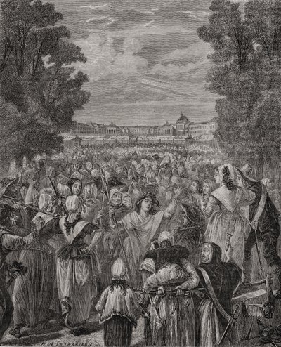 As mulheres marcham sobre Versalhes, de 5 a 6 de outubro de 1789, gravadas por Pannemaker-Ligny, de "Histoire de la Revolution Française", de Louis Blanc (1811-82) de H. de la Charlerie