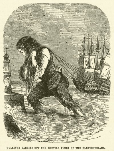 Gulliver transporta a frota hostil dos Blefuscudianos (gravura) de after Hablot Knight Browne