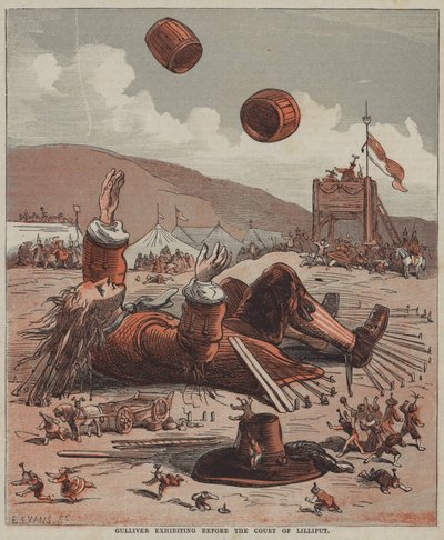 Gulliver exibindo perante a corte de Lilliput (cor litho) de after Hablot Knight Browne