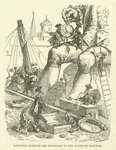 Gulliver exibe os seus tesouros na corte de Lilliput (gravura) de after Hablot Knight Browne